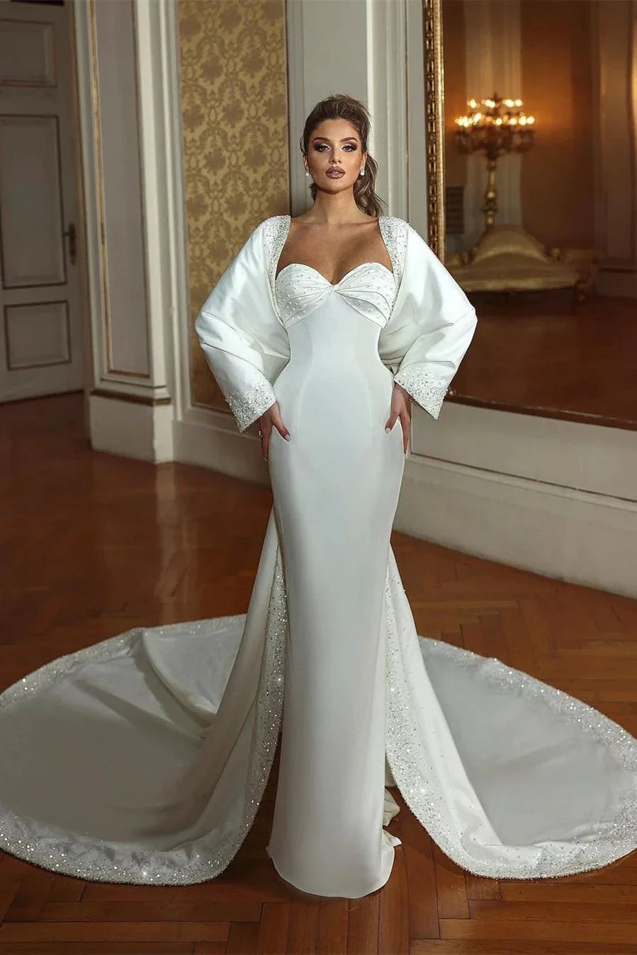 Elegant Long Mermaid Sweetheart Long Sleeves Beading Wedding Dress With Train by misshow.com