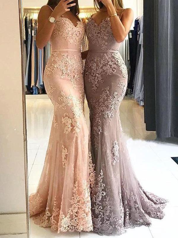 Elegant Long Mermaid Sweetheart Spaghetti-Straps Lace Appliques Prom Dress by BIZTUNNEL