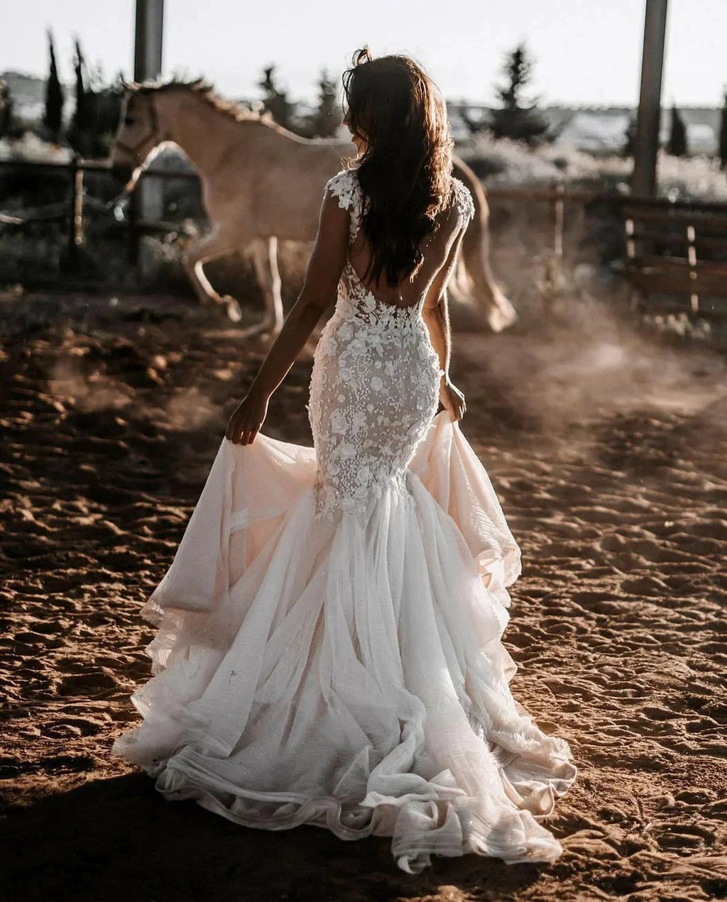 Elegant Long Mermaid Sweetheart Tulle Lace Backless Wedding Dress by BIZTUNNEL