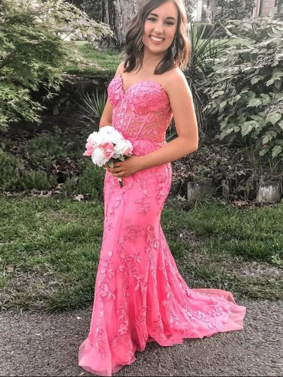 Elegant Long Mermaid Sweetheart Tulle Lace Formal Graduation Prom Dresses by BIZTUNNEL