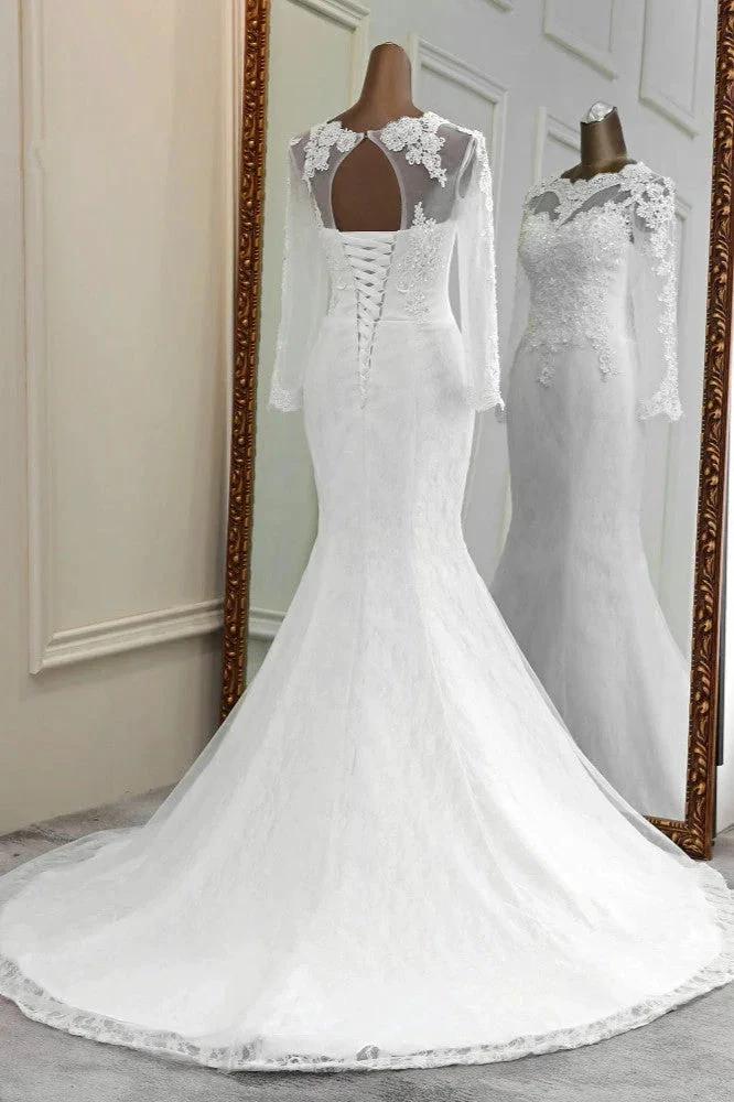 Elegant Long Mermaid Tulle Jewel Wedding Dress with Sleeves by BIZTUNNEL