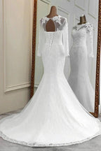 Elegant Long Mermaid Tulle Jewel Wedding Dress with Sleeves by BIZTUNNEL
