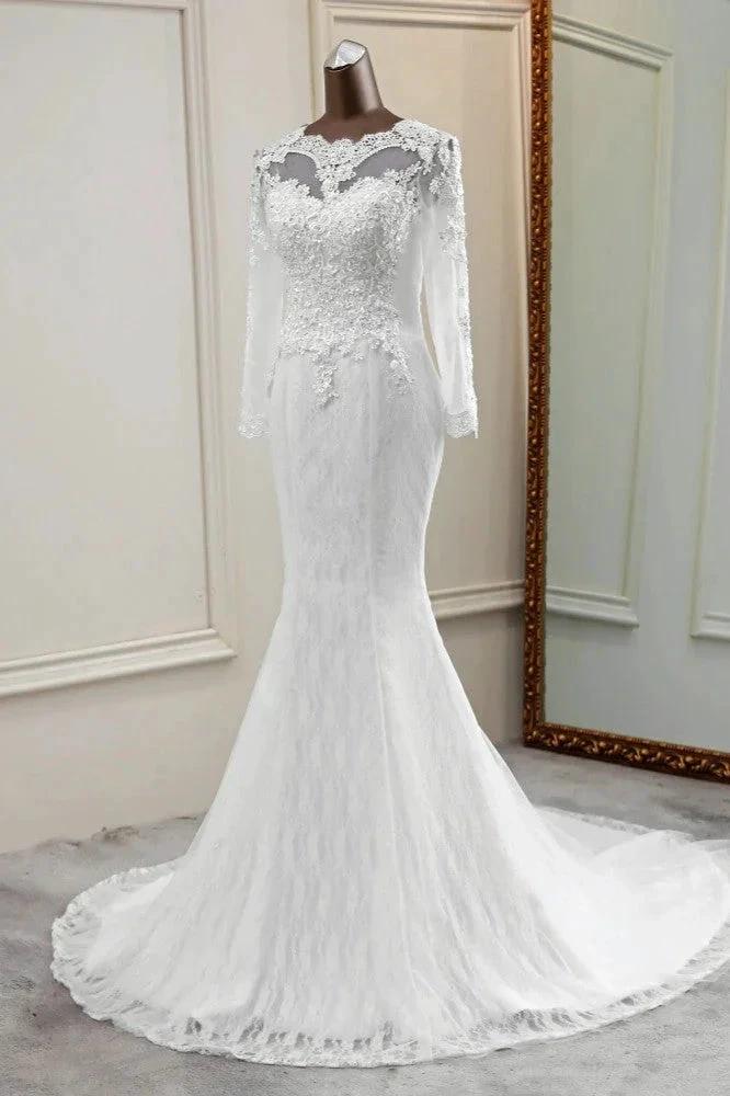 Elegant Long Mermaid Tulle Jewel Wedding Dress with Sleeves by BIZTUNNEL