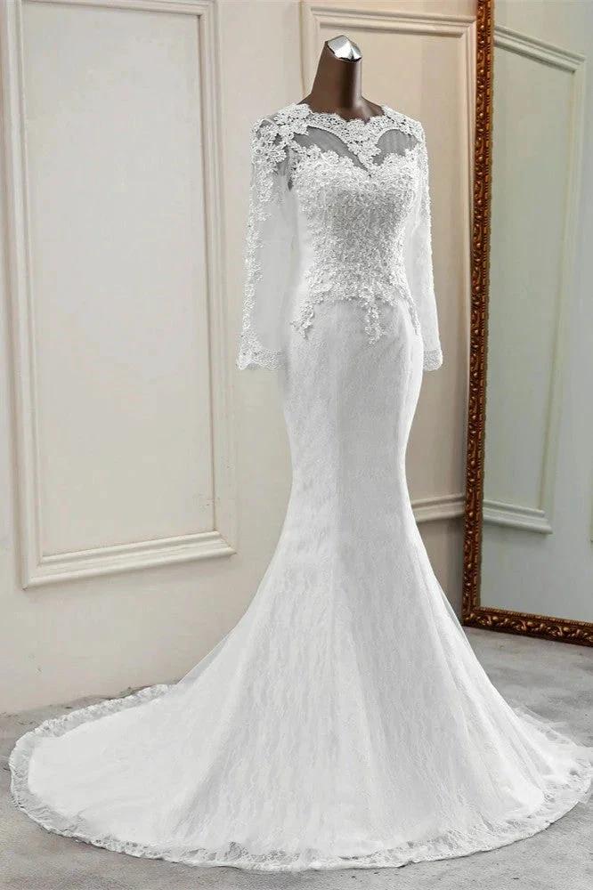 Elegant Long Mermaid Tulle Jewel Wedding Dress with Sleeves by BIZTUNNEL
