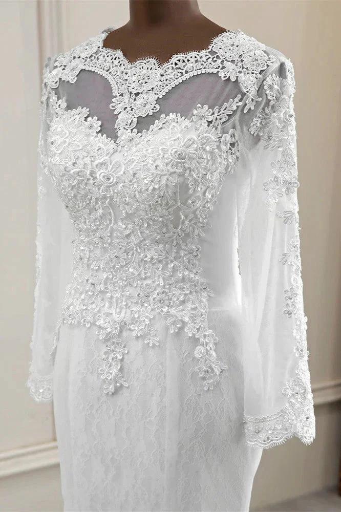 Elegant Long Mermaid Tulle Jewel Wedding Dress with Sleeves by BIZTUNNEL
