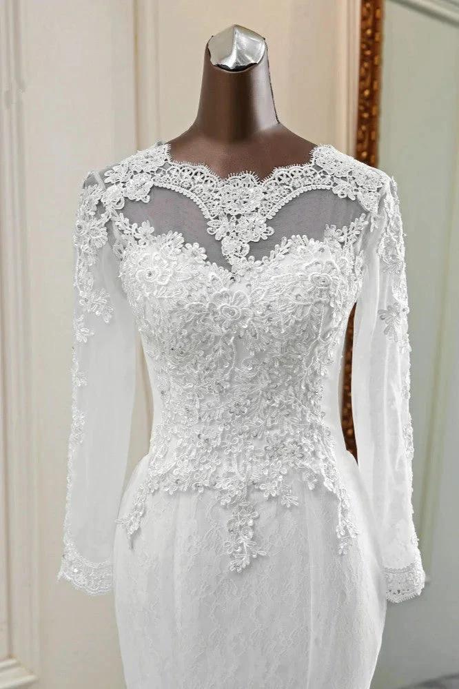 Elegant Long Mermaid Tulle Jewel Wedding Dress with Sleeves by BIZTUNNEL