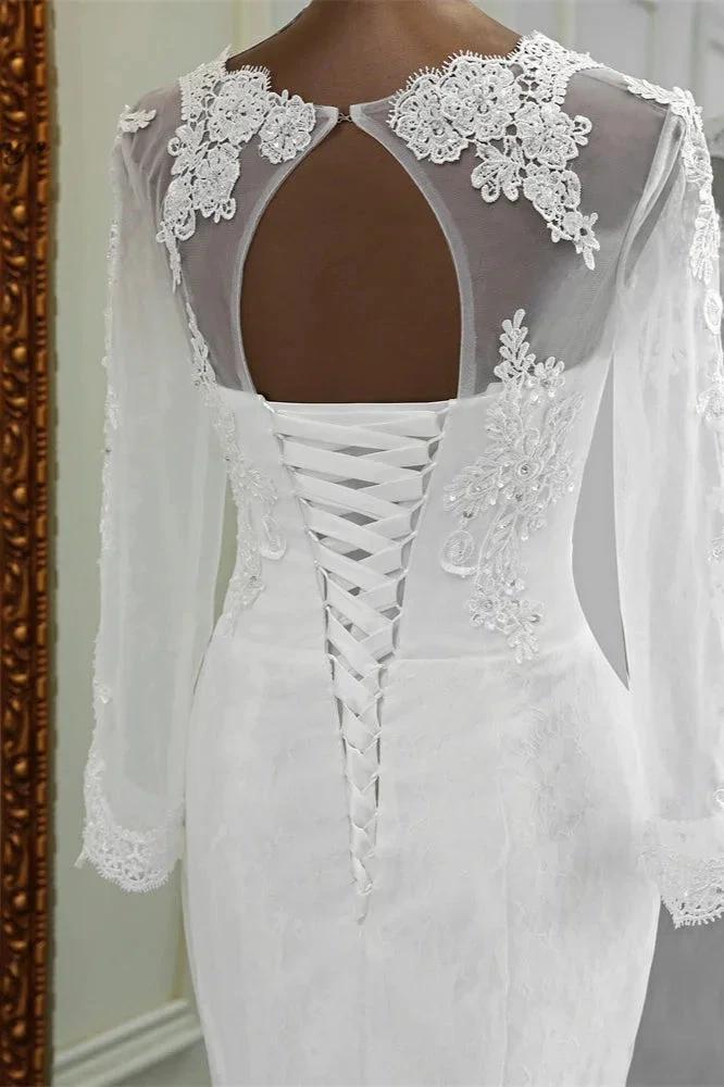 Elegant Long Mermaid Tulle Jewel Wedding Dress with Sleeves by BIZTUNNEL