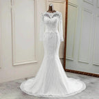 Elegant Long Mermaid Tulle Jewel Wedding Dress with Sleeves by BIZTUNNEL