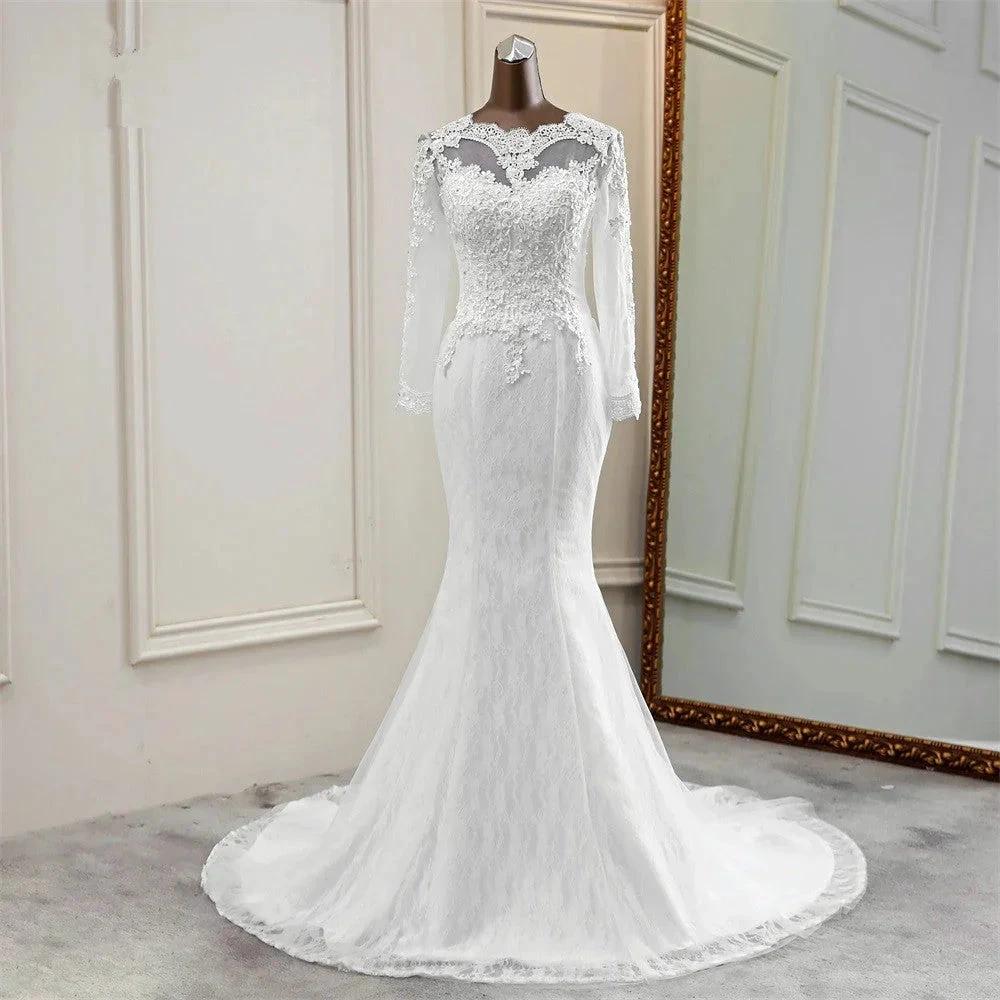Elegant Long Mermaid Tulle Jewel Wedding Dress with Sleeves by BIZTUNNEL