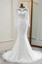 Elegant Long Mermaid Tulle Jewel Wedding Dress with Sleeves by BIZTUNNEL