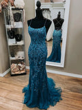 Elegant Long Mermaid Tulle Open Back Lace Formal Prom Dresses by BIZTUNNEL