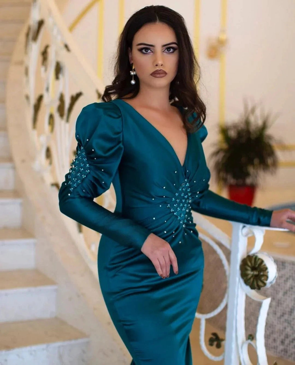 Elegant Long Mermaid V-neck Beading Prom Dress With Long Sleeves by misshow.com