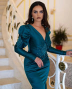 Elegant Long Mermaid V-neck Beading Prom Dress With Long Sleeves by misshow.com