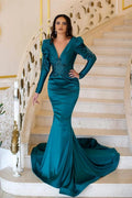Elegant Long Mermaid V-neck Beading Prom Dress With Long Sleeves by misshow.com