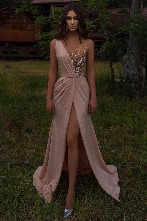 Elegant Long Mermaid V-neck Beading Prom Dress With Slit by BIZTUNNEL