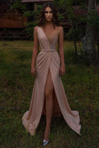 Elegant Long Mermaid V-neck Beading Prom Dress With Slit by BIZTUNNEL