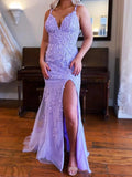 Vestidos de Baile Formais Elegantes de Renda com Decote em V, Corte Sereia Longo e Fenda