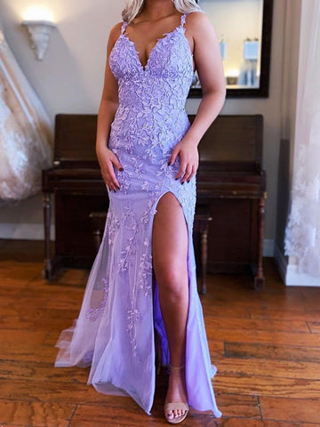 Elegantes langes Meerjungfrau-Ballkleid mit V-Ausschnitt und Schlitz
