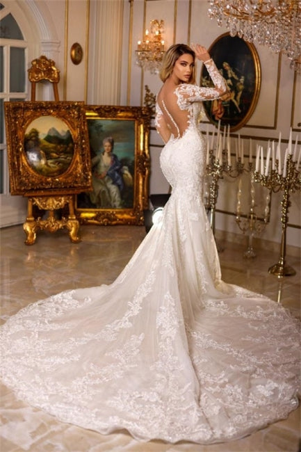 Elegant Long Mermaid V-neck Lace Wedding Dresses With Long Sleeves Main Image