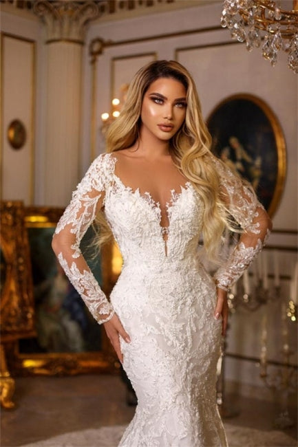 Elegant Long Mermaid V-neck Lace Wedding Dresses With Long Sleeves