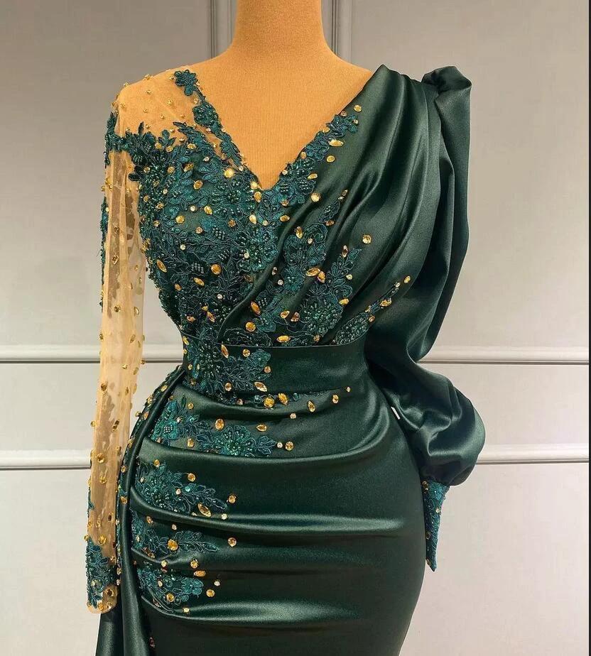 Elegant Long Mermaid V-neck Satin Dark Green Prom Dress by BIZTUNNEL