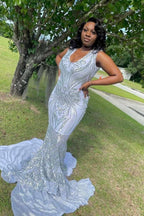 Elegant Long Mermaid V-neck Sleeveless Prom Dress With Applique by misshow.com