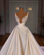 Elegant Long Mermaid V-neck Spaghetti Strap Satin Lace Wedding Dress by BIZTUNNEL