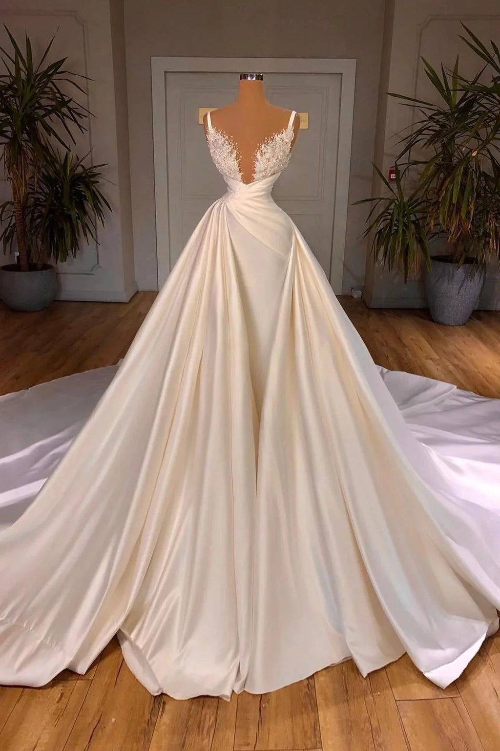 Elegant Long Mermaid V-neck Spaghetti Strap Satin Lace Wedding Dress by BIZTUNNEL