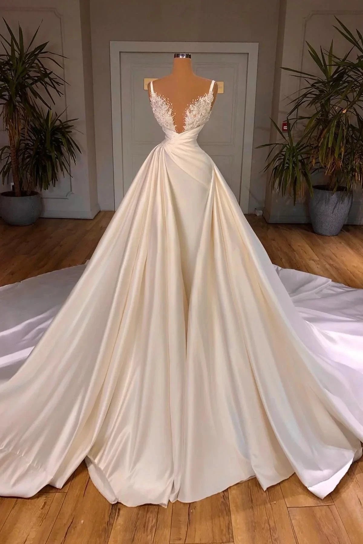 Elegant Long Mermaid V-neck Spaghetti Strap Satin Lace Wedding Dress by BIZTUNNEL