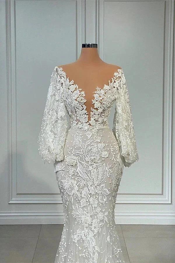 Elegant Long Mermaid V-neck Tulle Lace Wedding Dress with Sleeves by BIZTUNNEL