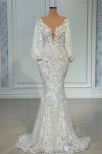 Elegant Long Mermaid V-neck Tulle Lace Wedding Dress with Sleeves by BIZTUNNEL