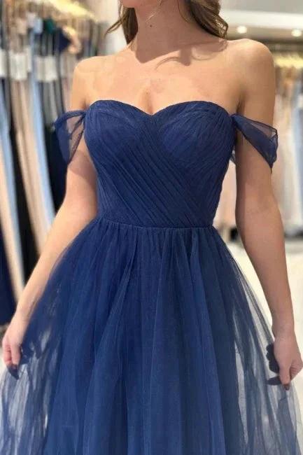 Elegant Long Navy Blue Off-the-shoulder A-line Sleeveless Prom Dresses by misshow.com