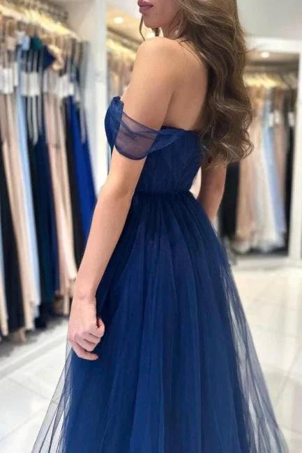 Elegant Long Navy Blue Off-the-shoulder A-line Sleeveless Prom Dresses by misshow.com