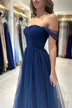 Elegant Long Navy Blue Off-the-shoulder A-line Sleeveless Prom Dresses by misshow.com