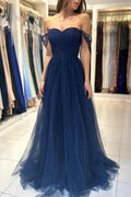 Elegant Long Navy Blue Off-the-shoulder A-line Sleeveless Prom Dresses by misshow.com