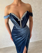 Elegant Long Navy Off-the-shoulder Column Ankle Length Prom Dress With Slit