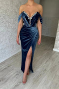Elegant Long Navy Off-the-shoulder Column Ankle Length Prom Dress With Slit by misshow.com