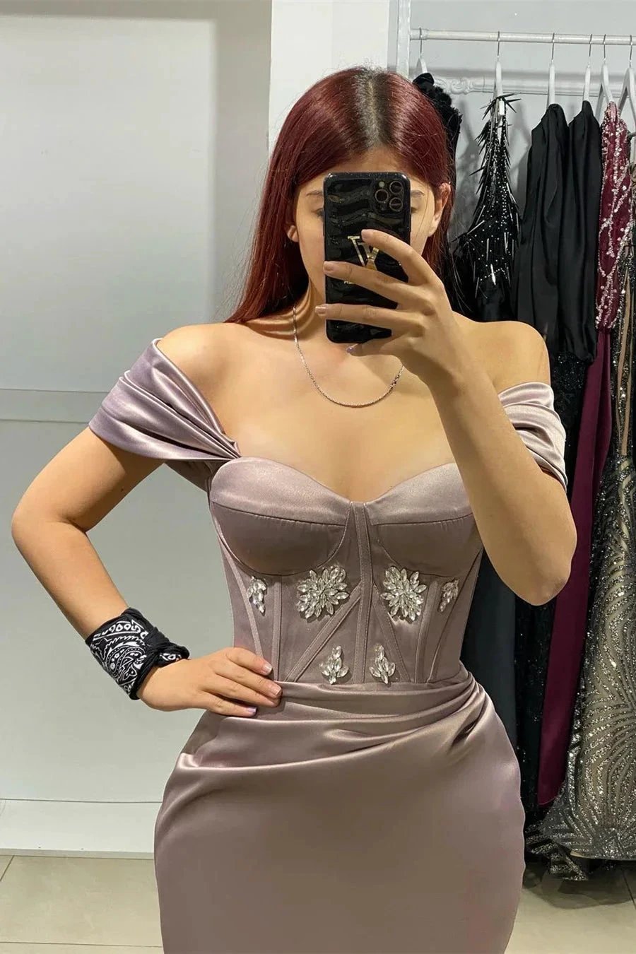Elegant Long Off-The-Shoulder Satin Mermaid Prom Dress With Rhinestone by misshow.com