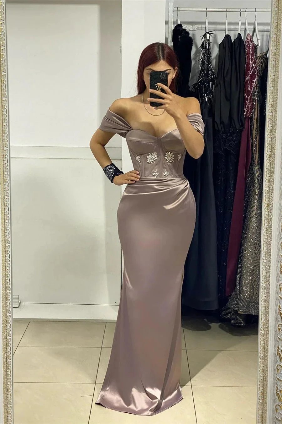 Elegant Long Off-The-Shoulder Satin Mermaid Prom Dress With Rhinestone by misshow.com
