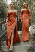 Elegant Long Off-the-shoulder Satin Split Simple Bridesmaid Dress by misshow.com