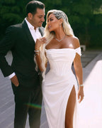 Elegant Long Off-the-shoulder Satin Wedding Dress With Slit by misshow.com