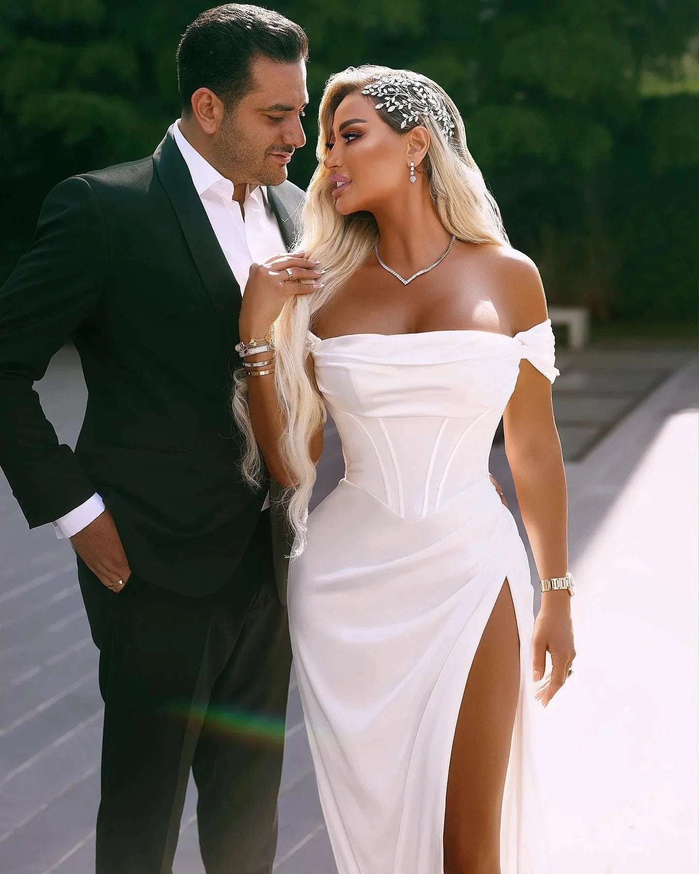 Elegant Long Off-the-shoulder Satin Wedding Dress With Slit by misshow.com