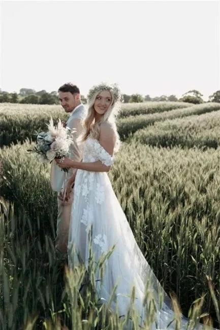 Elegant Long Off-the-Shoulder Tulle Floral Lace Wedding Dress by misshow.com