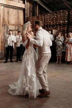 Elegant Long Off-the-Shoulder Tulle Floral Lace Wedding Dress by misshow.com