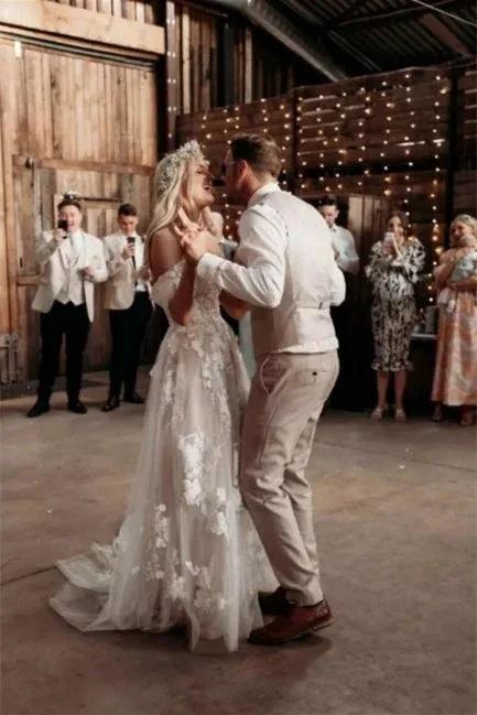 Elegant Long Off-the-Shoulder Tulle Floral Lace Wedding Dress by misshow.com