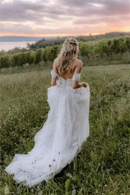 Elegant Long Off-the-Shoulder Tulle Floral Lace Wedding Dress by misshow.com