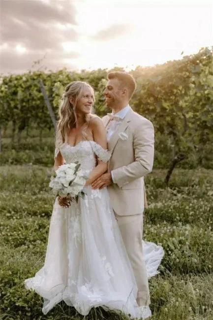 Elegant Long Off-the-Shoulder Tulle Floral Lace Wedding Dress by misshow.com