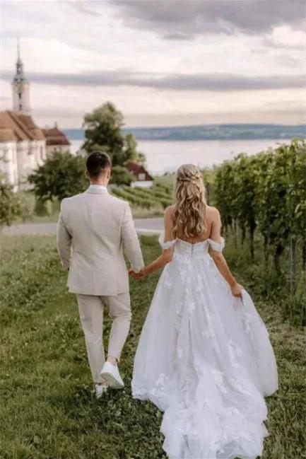 Elegant Long Off-the-Shoulder Tulle Floral Lace Wedding Dress by misshow.com
