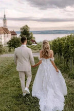 Elegant Long Off-the-Shoulder Tulle Floral Lace Wedding Dress by misshow.com