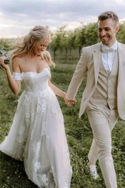 Elegant Long Off-the-Shoulder Tulle Floral Lace Wedding Dress by misshow.com